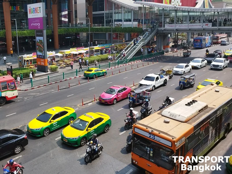 Bangkok taxi cars - yellow/green and pink